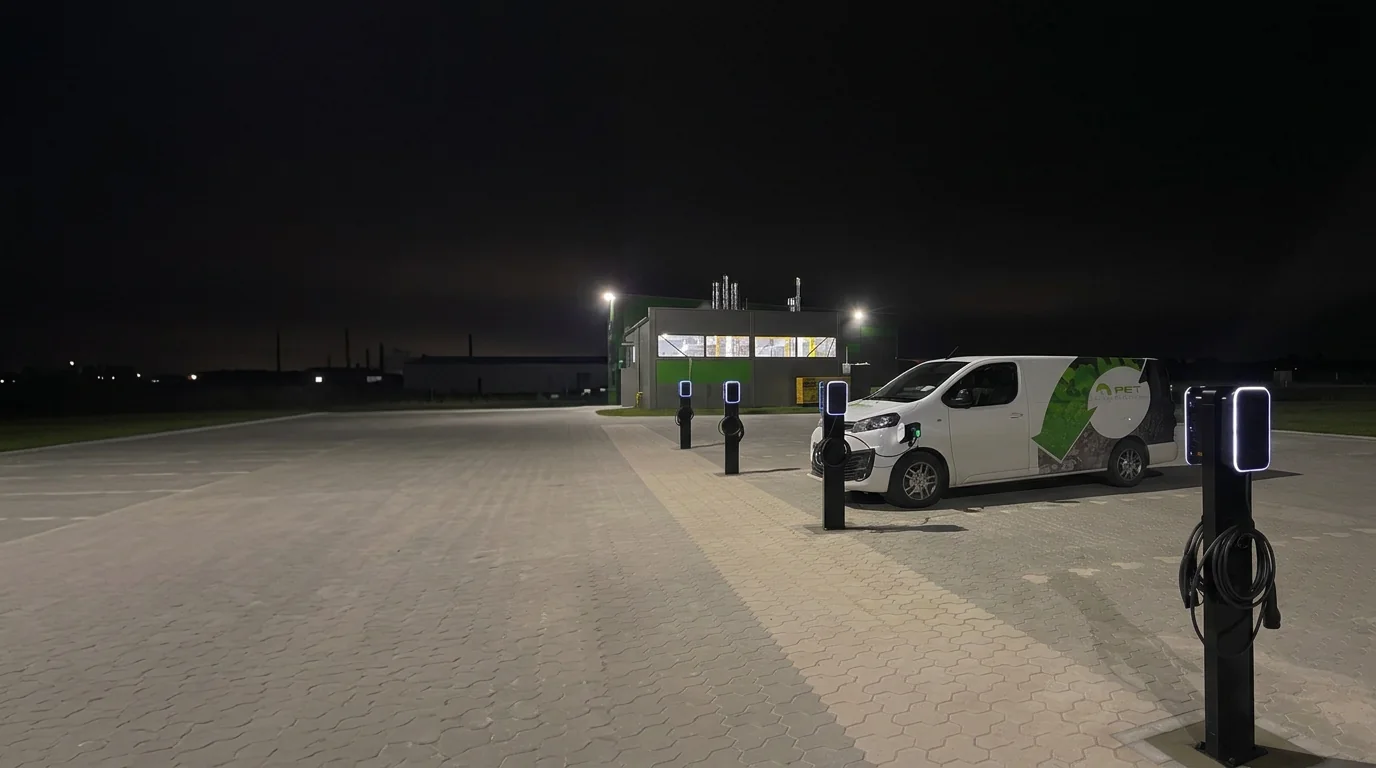 KVIC elektroauto uzlādes stacijas naktī - uzlāde pie biznesa ēkas Latvijā